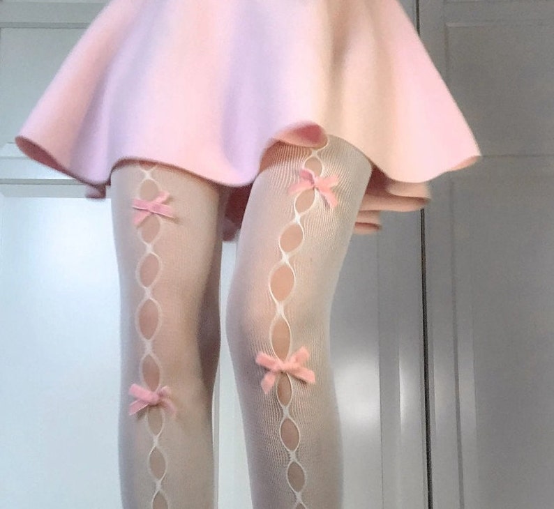 White and Pink Dainty Coquette Tights with Velvet Bows image 1