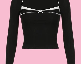 Black and White Grunge Coquette Long Sleeve Crop Top with Lace and Bow