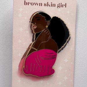 Black  girl in pink hard enamel pin, lapel pin, brooch.  2 inches in size.