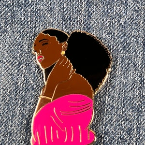 Black  girl in pink hard enamel pin, lapel pin, brooch.  2 inches in size.
