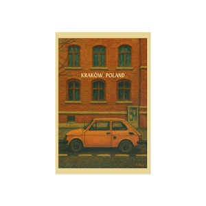 Carte postale beaux-arts de Cracovie, Pologne. Scène de rue urbaine vintage Fiat 126p par S. Hedrick. Papeterie de collection Paysage urbain européen