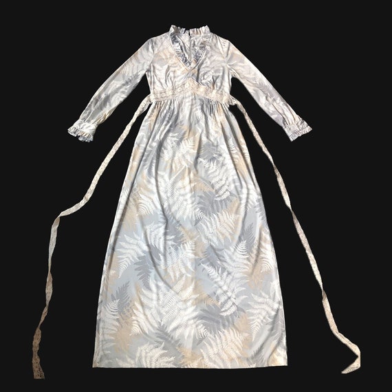 Vintage 1970s Grey Leaf Print Prairie Dress