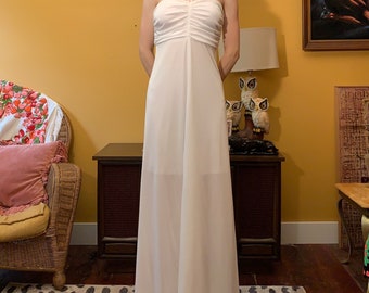 Vintage 70s White Disco Gown | 1970s Sleeveless Maxi