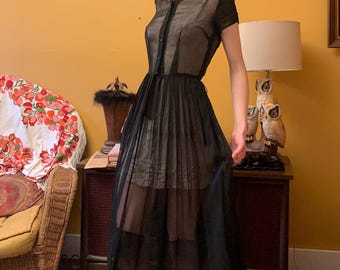 Vintage 50s Black Sheer Dress | 1950s Nelly Don Midi Dress