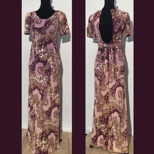 60er 70er Vintage Lila Flower Power Maxi Kleid