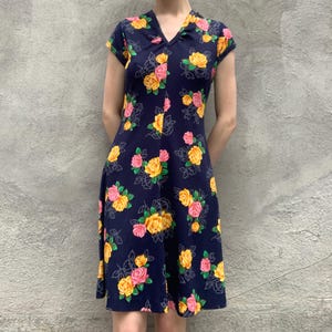 Vintage 70s Navy Blue Floral Mini Dress | 1970s Summer Dress