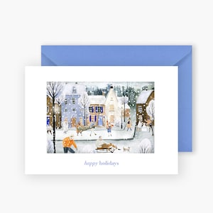 Christmas Town "Happy Holidays" Cartolina di Natale illustrata stampata a mano / Auguri per le festività / Cartolina di Buon Natale / Elegante Cartolina di Natale