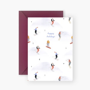 Giù per le piste "Happy Holidays" Cartolina di Natale illustrata stampata a mano / Auguri per le vacanze / Cartolina di buon Natale / Elegante cartolina di Natale