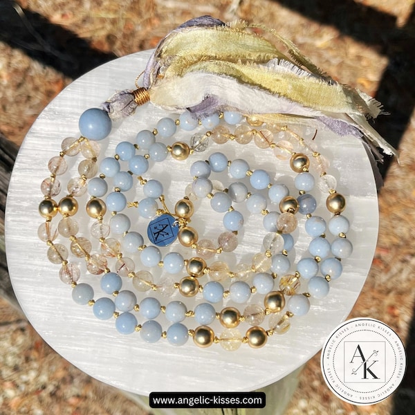 Celestial Mala | Angelite Mala | Angel Hair Golden Rutilated Quartz Mala | 8mm 108 Hand Knotted Mala | Angelic Mala | Gold Hematite