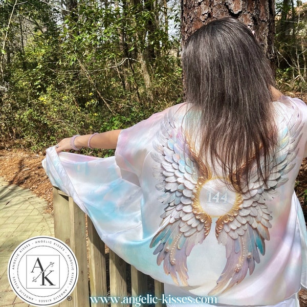 144 Angel Wing Draped Kimono | Seraphim Silk Kimono | Hand Sewn | Angel Wings and Pearls | Pearl Angels | Zaneta Ra Artisan Kimono