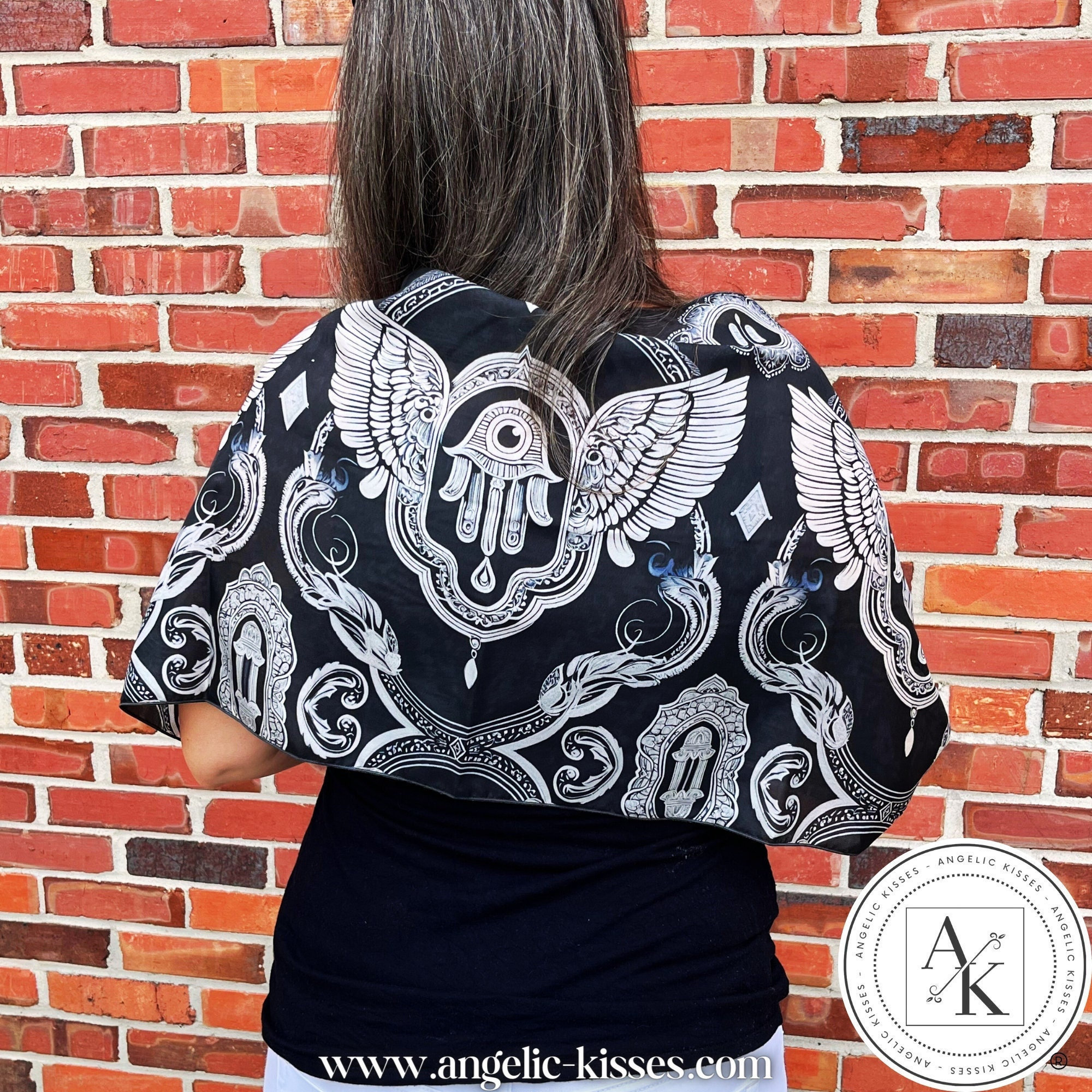Hamsa Silk Scarf Winged Design Jewish Scarf (72" Long) Handsewn