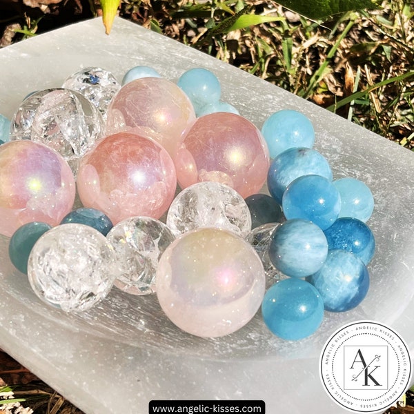 Angelic Crystal Pearls | Aquamarine Sphere | Fire and Ice Quartz Sphere | Angel Aura Rose Sphere | Mini Crystal Sphere | Angelic Gift