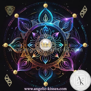 May include: A digital art piece featuring a vibrant, multi-colored mandala design with gold accents. The central focus is a pearl-like orb with the number "144" in gold. The design includes geometric shapes and the website address "angelic-kisses.com".