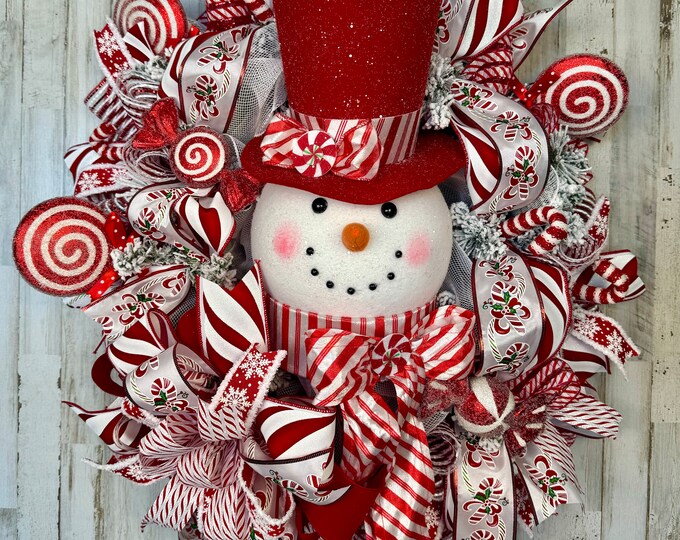 XL Candy Cane Snowman Wreath, Candy Cane Wreath, Snowman Wreath
