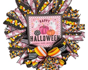 Happy Halloween Wreath, Pink Pumpkin, Ghost Decor