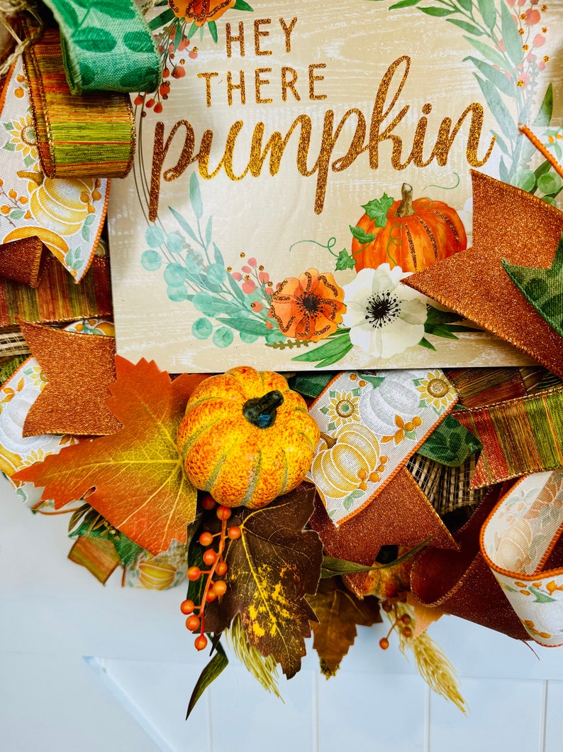 Fall Hey There Pumpkin Wreath for Front Door or Porch, Handmade Floral ...