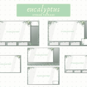 Peut inclure: Un ensemble de six superpositions de flux avec un motif d'eucalyptus et de fleurs. Les superpositions sont dans un schéma de couleurs vert clair et gris avec un fond transparent. Les superpositions comprennent un écran principal, une boîte de discussion, une superposition de webcam et trois petits panneaux. Le texte "eucalyptus STREAM PACKAGE" est en haut de l'image.