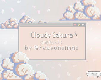 Cloudy Sakura Overlay Package for Twitch, Windows Theme, Pastel Pink and Gray Color, Cute Twitch Decorations, Hand-Made Art