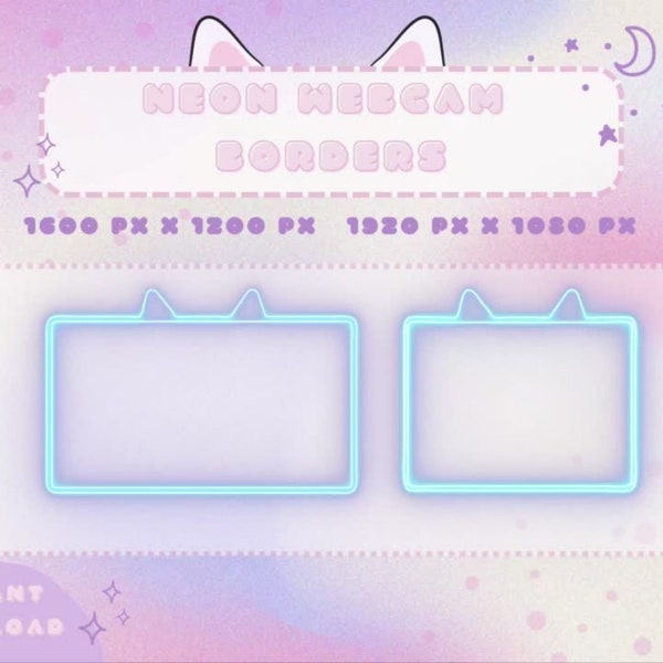 Neon Pink and Blue Cat Ears Animated Webcam Border, Personal Branding for Streamer, Minimalistic, Simple