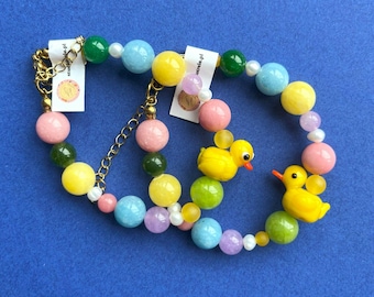 Pastel Natural Stone Bracelet: Yellow Duck Charm, Handmade Jewelry
