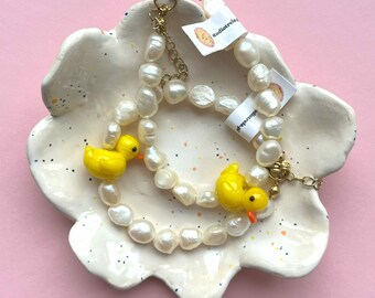 Baroque Pearl Bracelet with Yellow Glass Duck | Cute Freshwater Pearl Jewelry | Handmade Beaded Bracelet Gift for Her