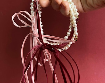 Pearl & Velvet Necklace | Handmade Freshwater Pearl Choker with Velvet Ribbon | Elegant Romantic Jewelry | Adjustable Bow Necklace
