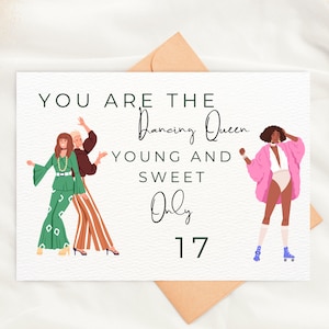 Printable 17th Birthday Card | Dancing Queen| Geburtstagskarte zum 17 | Klappkarte als Pdf Datei zum selber ausdrucken| Mama Mia Abba Fan