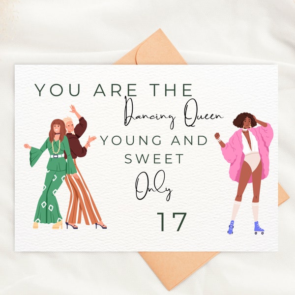 Printable 17th Birthday Card | Dancing Queen| Geburtstagskarte zum 17 | Klappkarte als Pdf Datei zum selber ausdrucken| Mama Mia Abba Fan