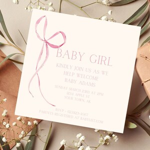 Baby shower invitation, Bow baby shower invitation, minimal baby shower invitation, girl baby shower invitation, bow invitation, baby girl,