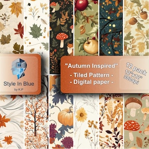 May include: A set of 12 digital papers featuring autumn-themed patterns. The patterns include pumpkins, leaves, mushrooms, apples, and more. The papers are 12 inches by 12 inches and 300 dpi. "Autumn Inspired" - Tiled Pattern - Digital paper - 12 pack 12"x12" 300dpi