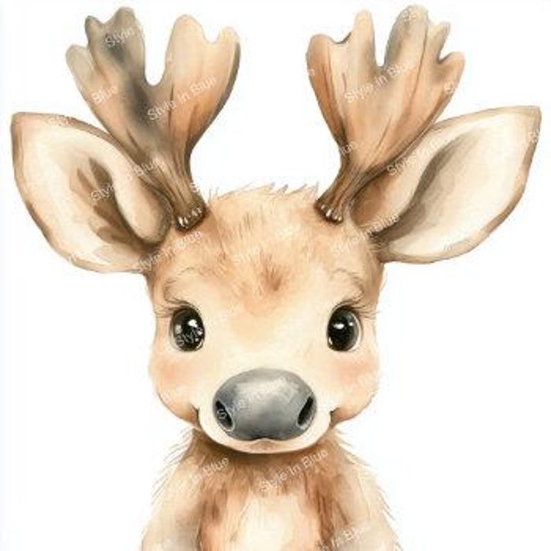 Cute Baby Moose Digital Prints - 10 High-resolution Watercolor Art ...
