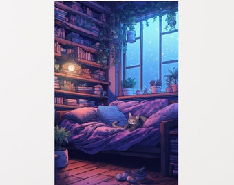 Impresión de arte de cartel estilo Lofi en cartel de papel mate mejorado / Gato Lofi / Ambiente de habitación acogedora / Decoración de pared / Arte de pared de dormitorio acogedor / Impresión de arte Lofi