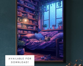 Lofi Cat Cozy Vibes Dormitorio Descarga digital / Lofi Cat / Ambiente de habitación acogedora / Decoración de pared / Arte de pared de dormitorio acogedor / Arte estético Lofi