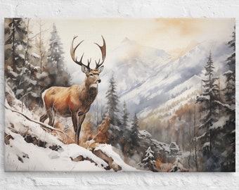 May include: Watercolor painting of a majestic deer with large antlers standing in a snowy forest. The artwork features a mountainous backdrop with evergreen trees and a soft, muted color palette of browns, whites, and blues. The canvas is stretched and ready to hang.