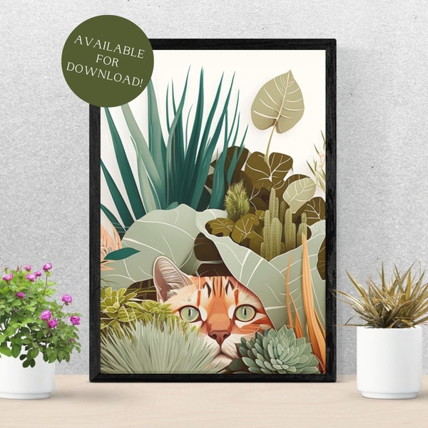 Cat Hiding In Plants Digital Download Art | Mid Century Modern | Boho | Midjourney Art | AI Art Poster | Wall Art | Plant Art | Cat Lovers