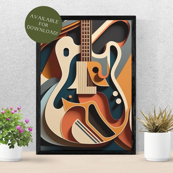 Guitar Poster Art Mid Century Modern | Digital Download | Guitar Art for Wall | Wall Decor | Music Art | Music Lovers Gift | AI Art | Print