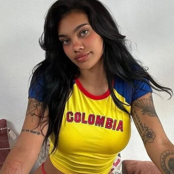 Y2K Colombia Jersey Top - Soccer Baby Tee, 2000s Aesthetic, Colombia Baby Tee, Colombia Shirt, Columbia Shirt, Colombia Jersey