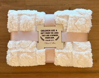 Baby Blanket with Personalized Engraved Wooden Tag | Christian Baby Gift | Newborn Keepsake