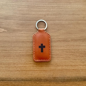 Cross Engraved Leather Keychain – Padded Vegetable Tanned Leather | Christian Gift for Men or Women