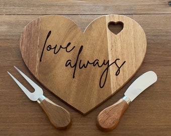 Personalized Heart Charcuterie Board: Engraved Bamboo Cheese Board Set