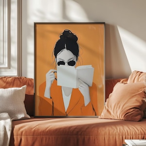 Orange modern reading woman art,Book & coffee orange illustration, minimalist striped design, abstract woman portrait, digital print