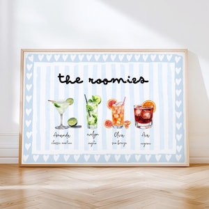 Custom Roommate Artwork, Personalized Cocktail Print for Friend Group | Trendy College Dorm Wall Art, Roommates as Drinks, Best Friend Gift