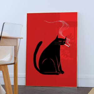 Black Cat Smoking a Cigarette Print, Vintage Funny Animal Art, Quirky Kitchen & Bar Cart Wall Decor, Whimsical Cat Poster, Digital Download
