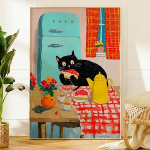 Schwarze Katze Druck, Kuchen essend, Retro Küche Dekor, buntes Essen Poster, schrulliges Katzen-Liebhaber Geschenk, süße Küche Drucke, lustige Küche Wandkunst
