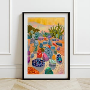 Western Desert Wall Art Decor, Midcentury Modern Colorful Pink Rock Collage, Cactus Landscape Wall Art, Texas Arizona California Travel