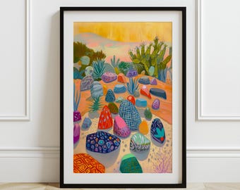 Western Desert Wall Art Decor, Midcentury Modern Colorful Pink Rock Collage, Cactus Landscape Wall Art, Texas Arizona California Travel