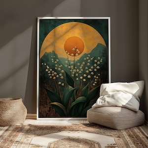 Lily of the Valley Sun Art, Emerald Green Canvas Print, Taurus Zodiac Wall Decor, Mystical Botanical Poster, Boho Spiritual Artwork