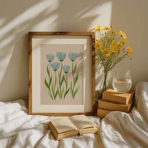 Blue and Green Tulip Floral Wall Art Modern Southern Botanical Print Grandmillennial Style Digital Download Elegant Preppy Chinoiserie Decor