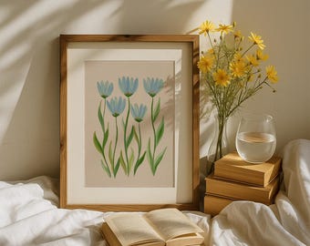Blue and Green Tulip Floral Wall Art Modern Southern Botanical Print Grandmillennial Style Digital Download Elegant Preppy Chinoiserie Decor