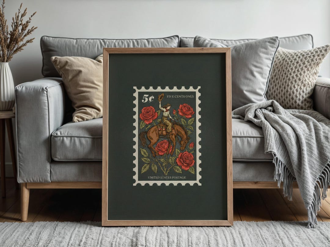 Vintage Rodeo Cowboy Wall Art Rustic Western Horse Print Retro Mid ...